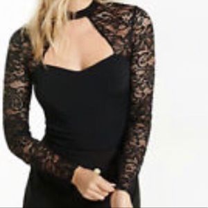 Express blue lace mock neck top